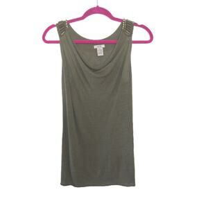 Vintage Cache Olive Green Linen Blend Cowl Neck Beaded Top XS